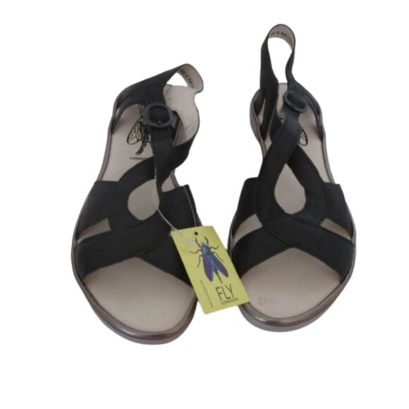 New w Box, Fly London Black Leather Cula Sandals Size 41 EU / 8 US - Picture 1 of 7